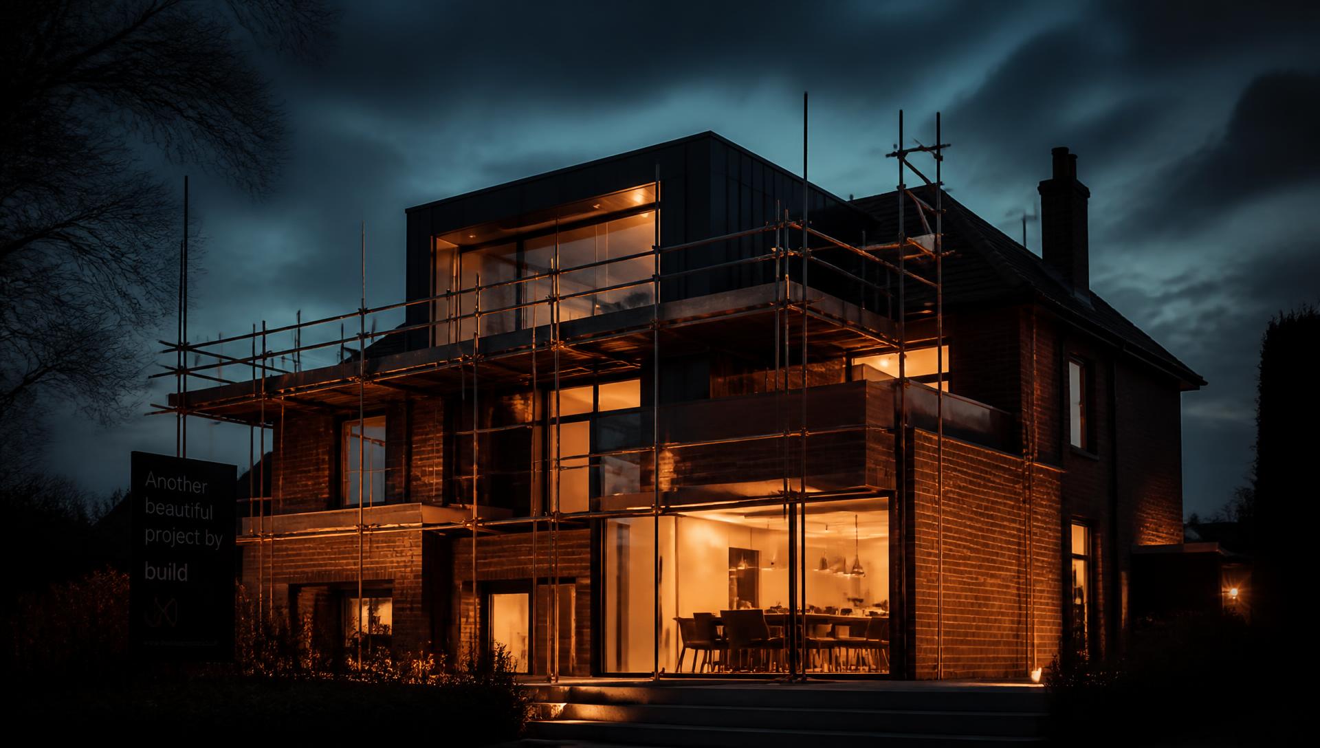 Modern UK home renovation project at dusk
